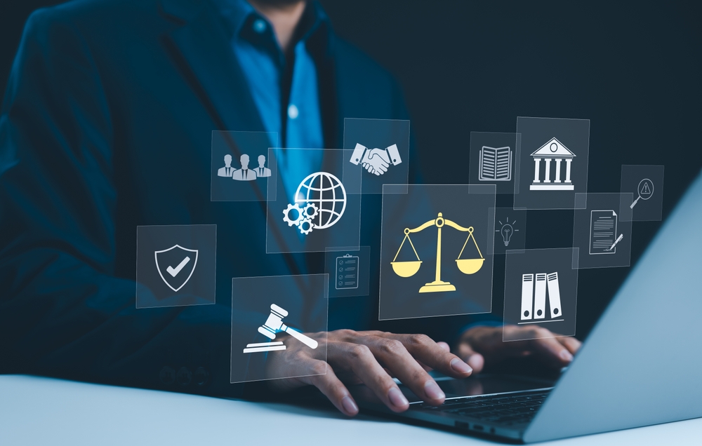 Legal,Professional,With,Justice,Icons.,Legal,Professional,Using,Laptop,With